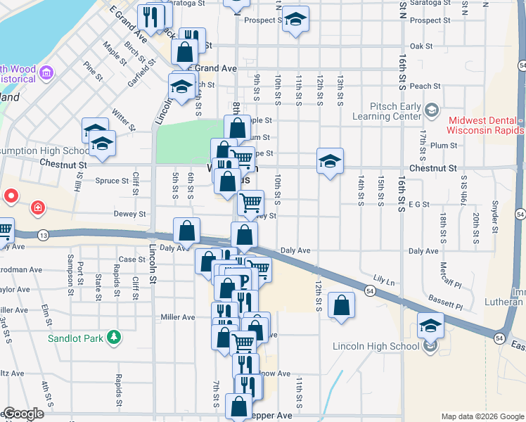 map of restaurants, bars, coffee shops, grocery stores, and more near 1041 9th St S in Wisconsin Rapids