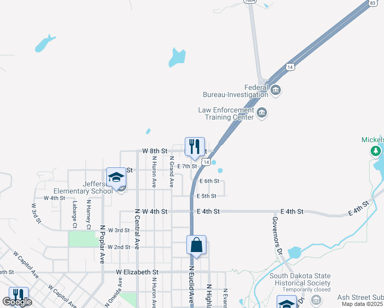 map of restaurants, bars, coffee shops, grocery stores, and more near 203 East 8th Street in Pierre