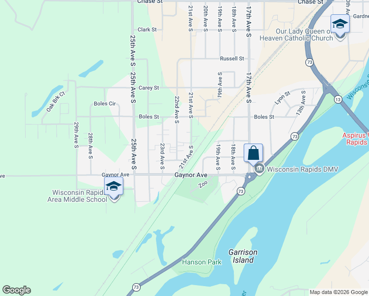 map of restaurants, bars, coffee shops, grocery stores, and more near 1510 21st Avenue South in Wisconsin Rapids