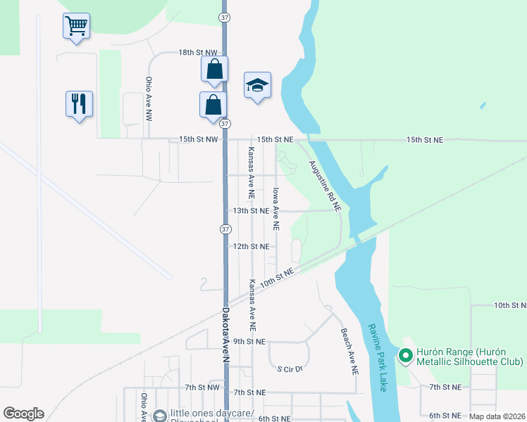 map of restaurants, bars, coffee shops, grocery stores, and more near 147 13th Street Northeast in Huron