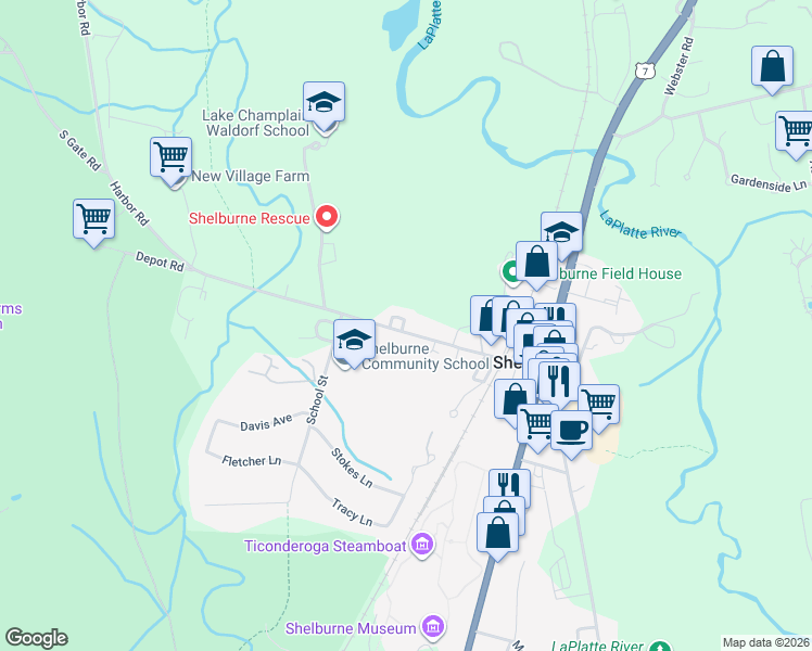 map of restaurants, bars, coffee shops, grocery stores, and more near 14 McCabe Circle in Shelburne