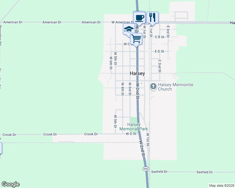 map of restaurants, bars, coffee shops, grocery stores, and more near 480 West J Street in Halsey