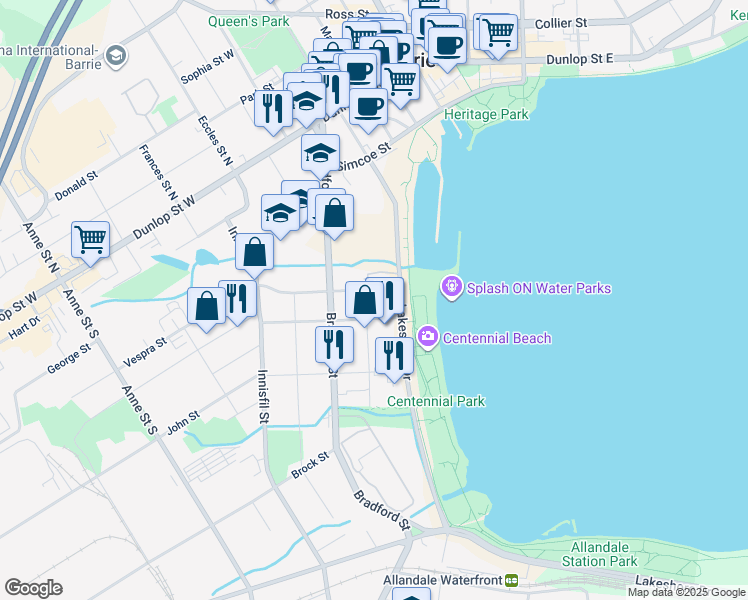 map of restaurants, bars, coffee shops, grocery stores, and more near 37 Ellen Street in Barrie