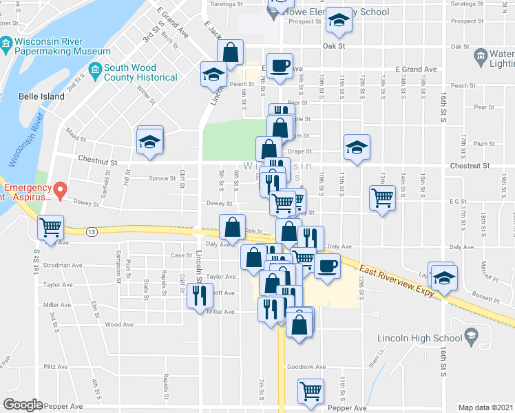 map of restaurants, bars, coffee shops, grocery stores, and more near 711 Dewey Street in Wisconsin Rapids