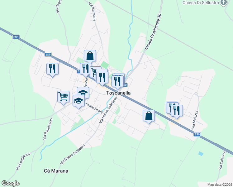 map of restaurants, bars, coffee shops, grocery stores, and more near 78 Via Nuova Sabbioso in Toscanella