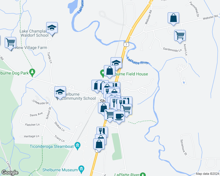 map of restaurants, bars, coffee shops, grocery stores, and more near 5172 U.S. 7 in Shelburne