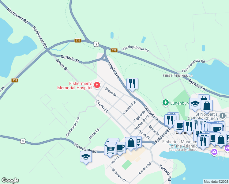 map of restaurants, bars, coffee shops, grocery stores, and more near 162 Broad Street in Lunenburg