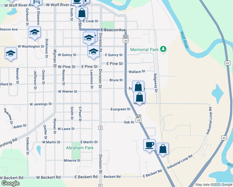 map of restaurants, bars, coffee shops, grocery stores, and more near 1301 Mill Street in New London
