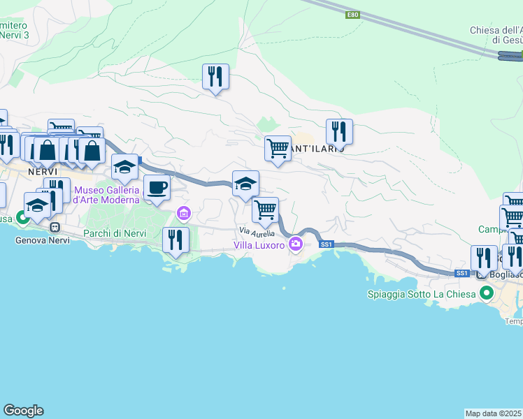 map of restaurants, bars, coffee shops, grocery stores, and more near 9 Via inferiore alla Chiesa di Sant'Ilario in Genova