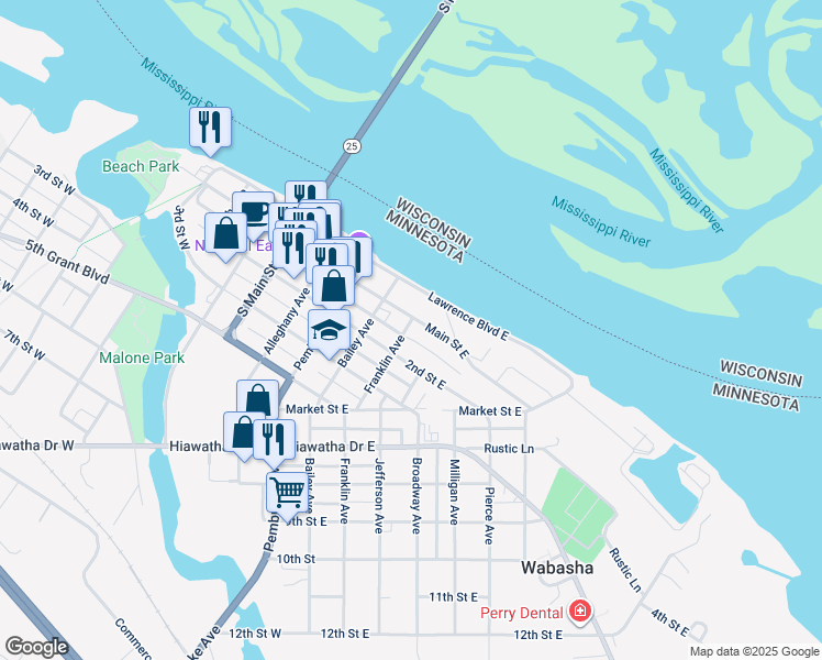 map of restaurants, bars, coffee shops, grocery stores, and more near 306 Main Street West in Wabasha