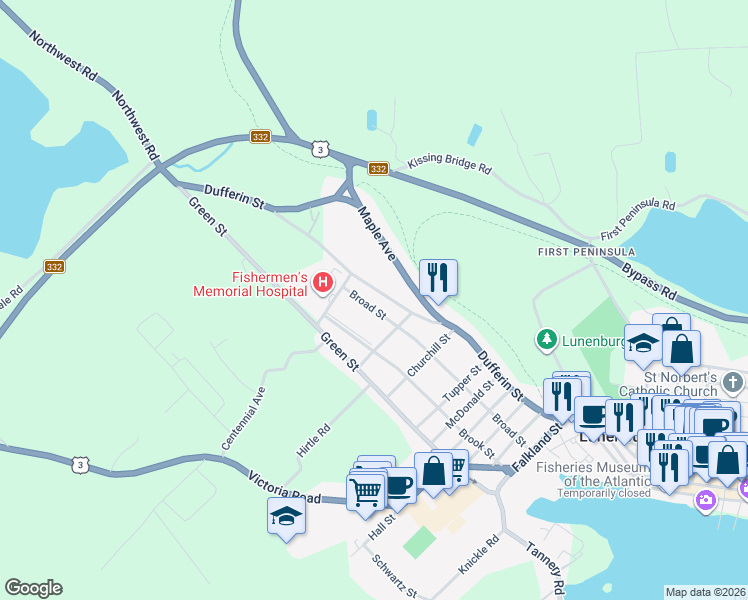 map of restaurants, bars, coffee shops, grocery stores, and more near 162 Broad Street in Lunenburg
