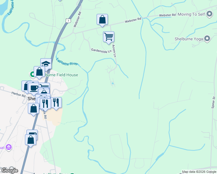 map of restaurants, bars, coffee shops, grocery stores, and more near 462 Acorn Lane in Shelburne