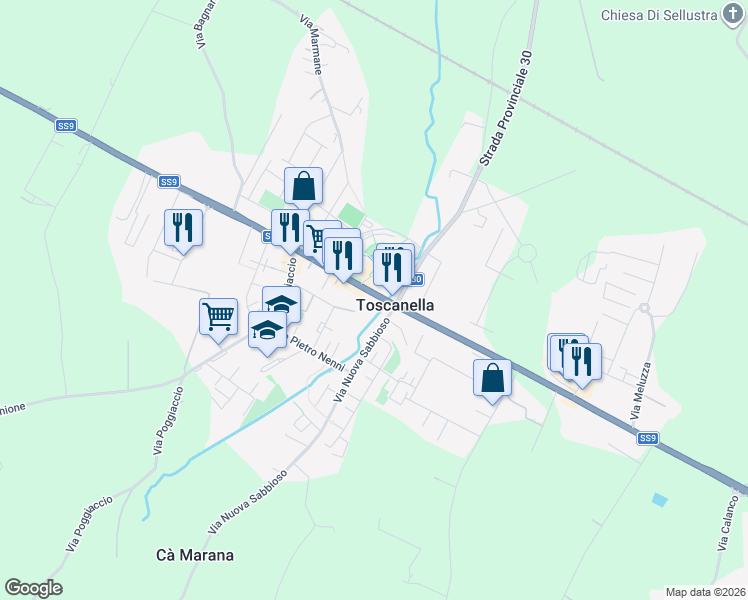 map of restaurants, bars, coffee shops, grocery stores, and more near 78 Via Nuova Sabbioso in Toscanella