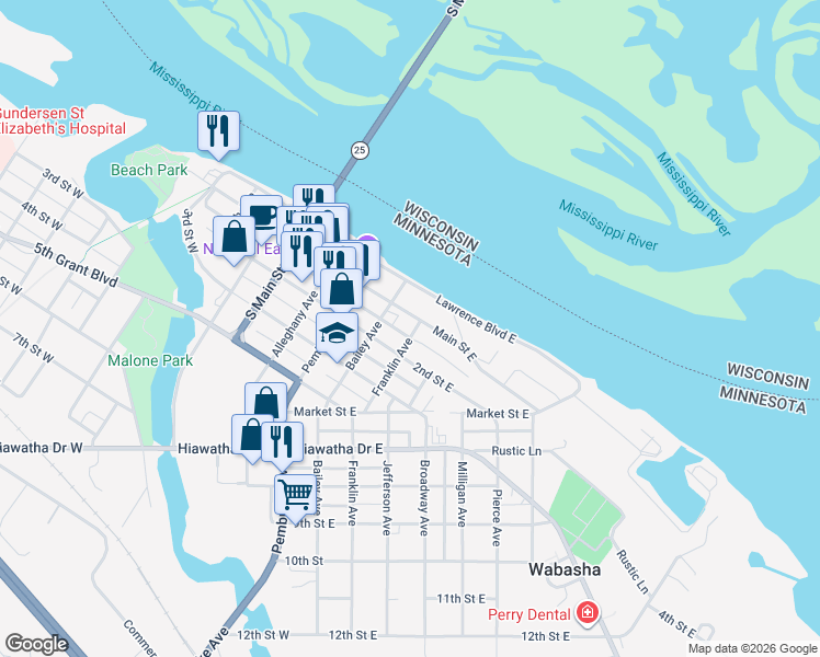 map of restaurants, bars, coffee shops, grocery stores, and more near 230 Main Street East in Wabasha