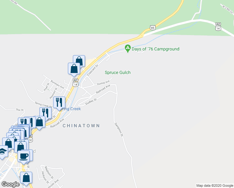map of restaurants, bars, coffee shops, grocery stores, and more near 98 Dudley Street in Deadwood
