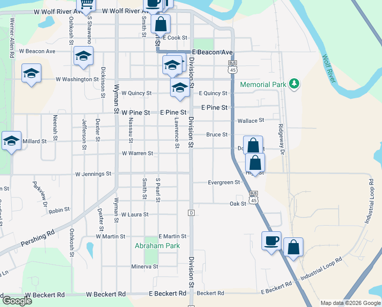 map of restaurants, bars, coffee shops, grocery stores, and more near County Road D in New London