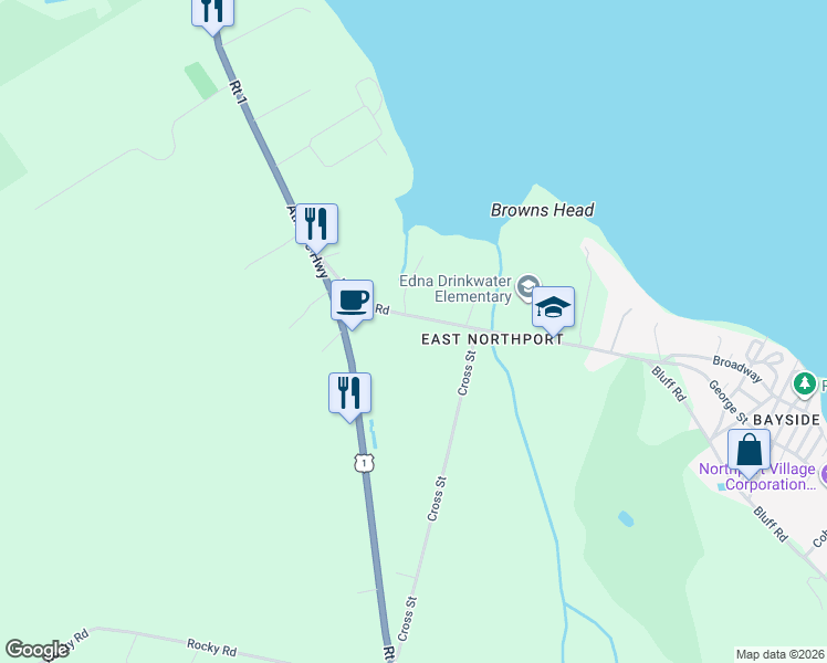 map of restaurants, bars, coffee shops, grocery stores, and more near 87-89 Bayside Road in Northport