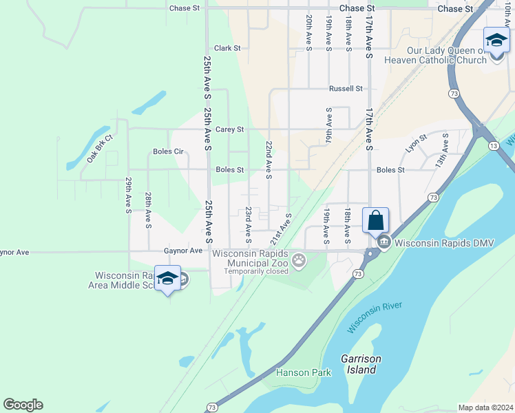 map of restaurants, bars, coffee shops, grocery stores, and more near 1430 22nd Avenue South in Wisconsin Rapids