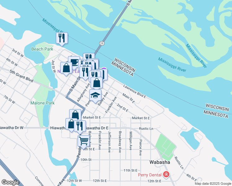 map of restaurants, bars, coffee shops, grocery stores, and more near 230 Main Street East in Wabasha