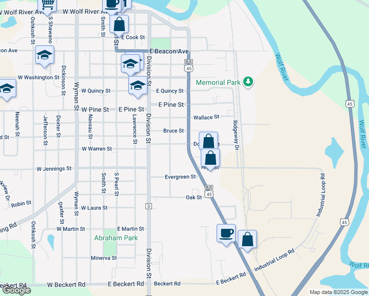 map of restaurants, bars, coffee shops, grocery stores, and more near 1301 Mill Street in New London