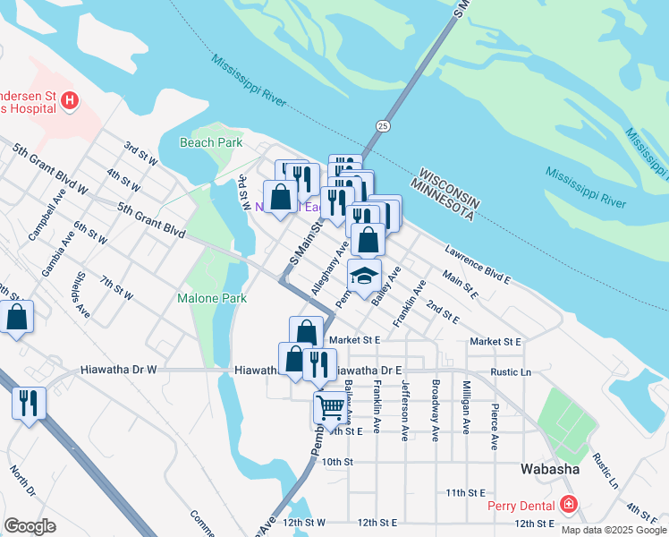 map of restaurants, bars, coffee shops, grocery stores, and more near 130 3rd Street West in Wabasha