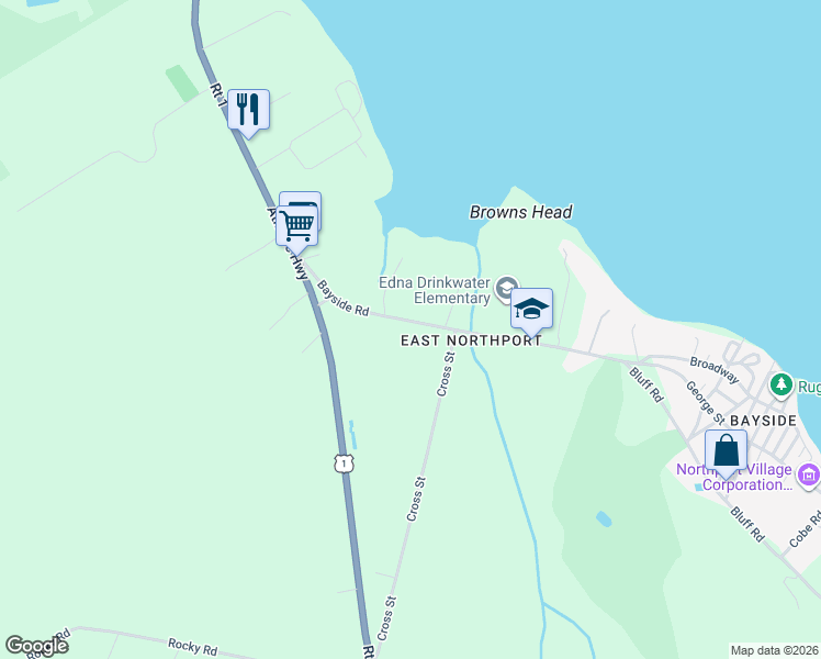 map of restaurants, bars, coffee shops, grocery stores, and more near 87 Bayside Road in Northport
