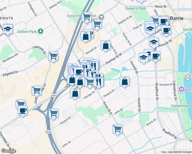 map of restaurants, bars, coffee shops, grocery stores, and more near 259 Dunlop Street West in Barrie