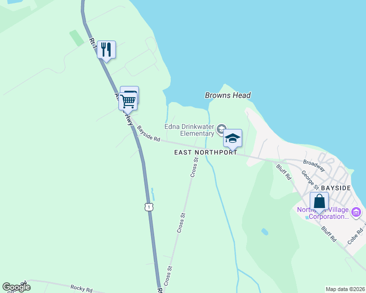 map of restaurants, bars, coffee shops, grocery stores, and more near 115 Bayside Road in Northport