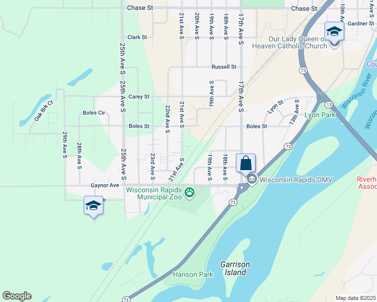 map of restaurants, bars, coffee shops, grocery stores, and more near 1930 Wickham Avenue in Wisconsin Rapids