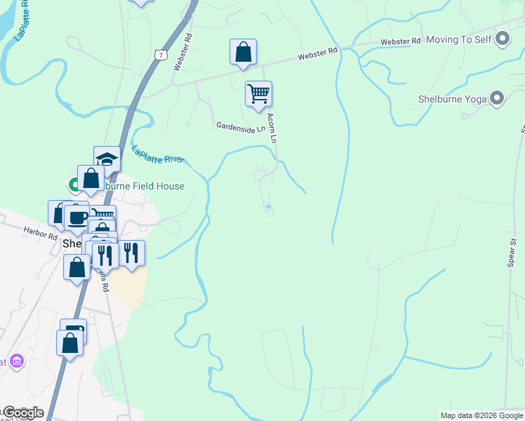 map of restaurants, bars, coffee shops, grocery stores, and more near 462 Acorn Lane in Shelburne