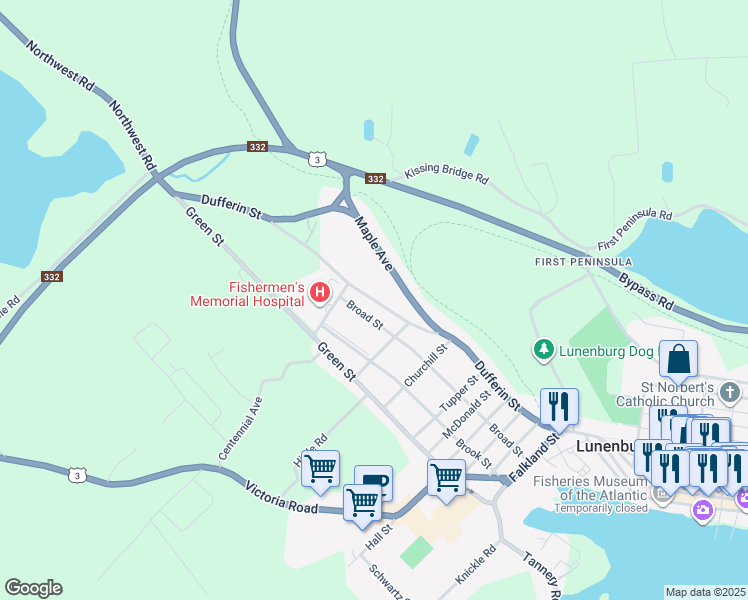map of restaurants, bars, coffee shops, grocery stores, and more near Dufferin Street in Lunenburg