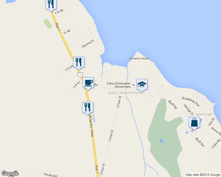 map of restaurants, bars, coffee shops, grocery stores, and more near 87 Bayside Road in Northport