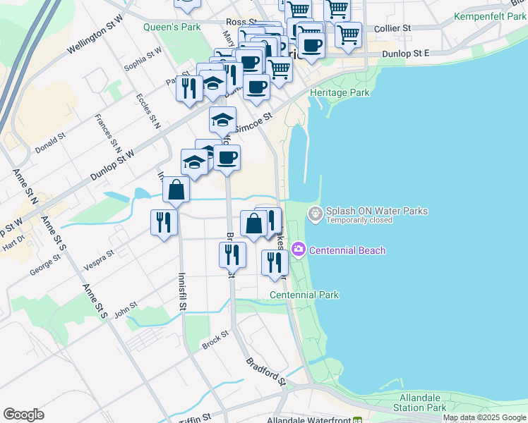 map of restaurants, bars, coffee shops, grocery stores, and more near 33 Ellen Street in Barrie