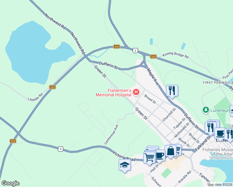 map of restaurants, bars, coffee shops, grocery stores, and more near Green Street in Lunenburg