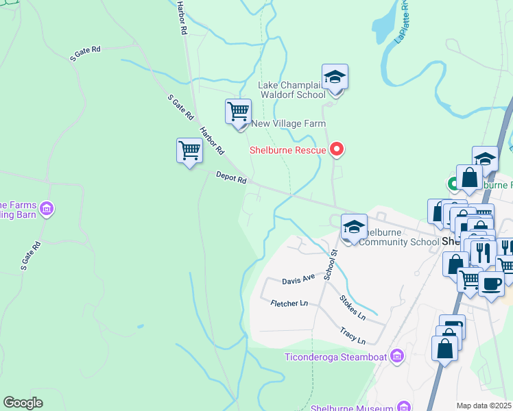 map of restaurants, bars, coffee shops, grocery stores, and more near 687 Harbor Road in Shelburne