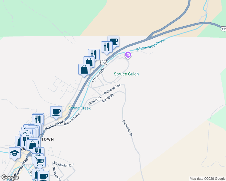 map of restaurants, bars, coffee shops, grocery stores, and more near 16 Dudley Street in Deadwood