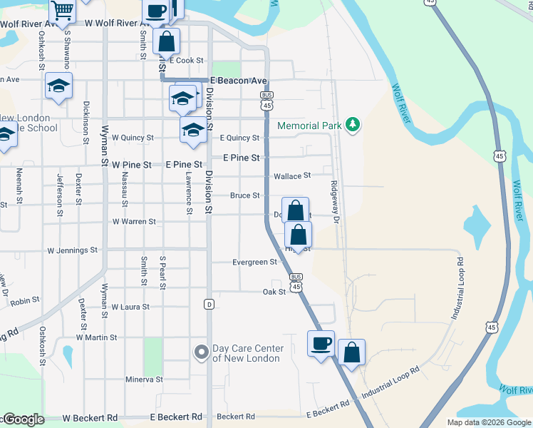 map of restaurants, bars, coffee shops, grocery stores, and more near 499 Douglas Street in New London