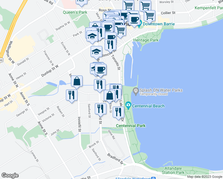 map of restaurants, bars, coffee shops, grocery stores, and more near in Barrie