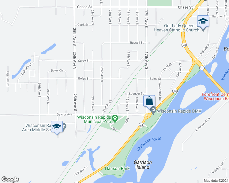 map of restaurants, bars, coffee shops, grocery stores, and more near 1930 Wickham Avenue in Wisconsin Rapids