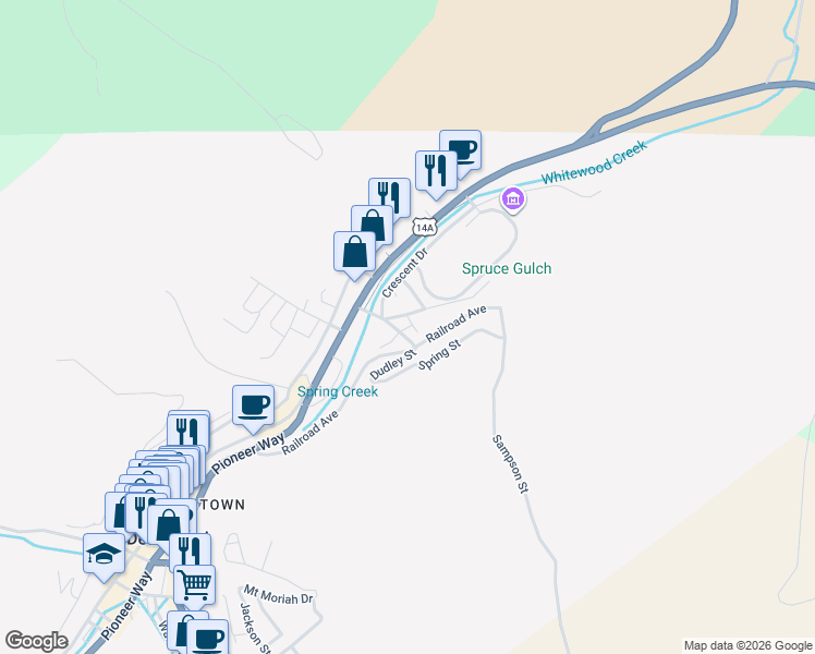 map of restaurants, bars, coffee shops, grocery stores, and more near Railroad Ave in Deadwood