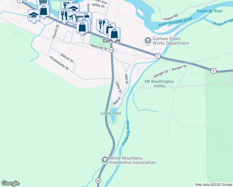 map of restaurants, bars, coffee shops, grocery stores, and more near 16 Libby Street in Gorham