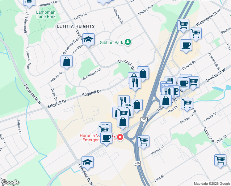 map of restaurants, bars, coffee shops, grocery stores, and more near 179 Edgehill Drive in Barrie