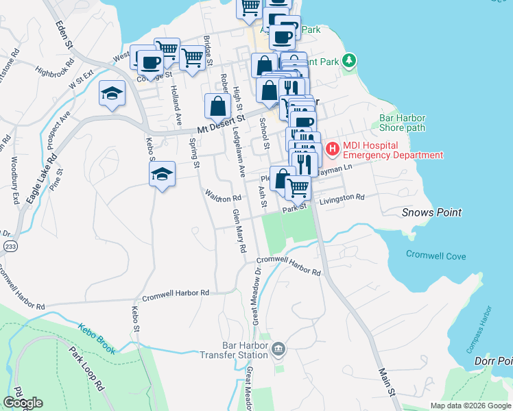 map of restaurants, bars, coffee shops, grocery stores, and more near 9 Ash Street in Bar Harbor