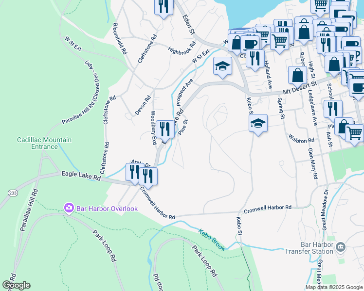 map of restaurants, bars, coffee shops, grocery stores, and more near 8 Pine Street in Bar Harbor