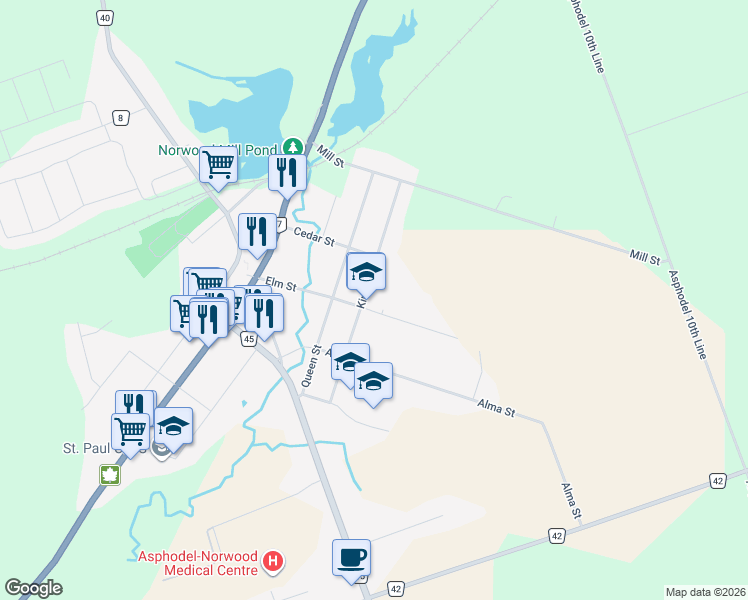 map of restaurants, bars, coffee shops, grocery stores, and more near 49 King Street in Norwood