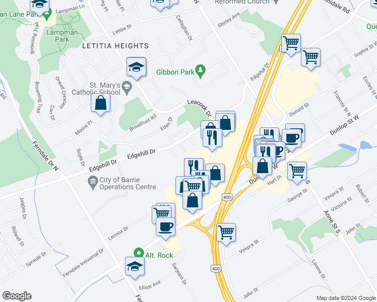 map of restaurants, bars, coffee shops, grocery stores, and more near 167 Edgehill Drive in Barrie