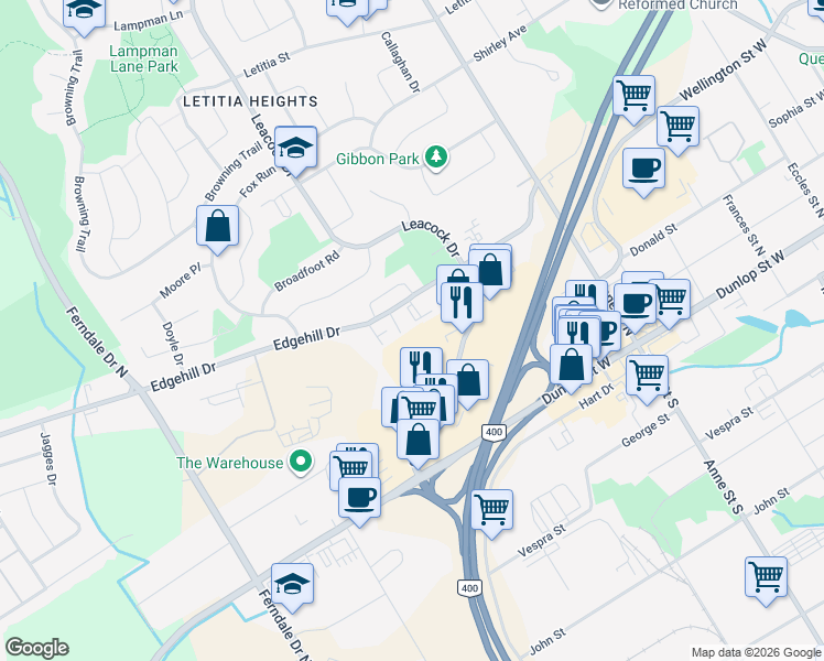 map of restaurants, bars, coffee shops, grocery stores, and more near 167 Edgehill Drive in Barrie