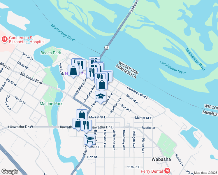 map of restaurants, bars, coffee shops, grocery stores, and more near 115 Main Street East in Wabasha