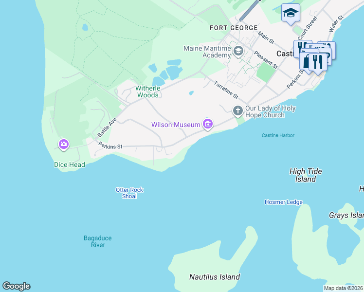 map of restaurants, bars, coffee shops, grocery stores, and more near 61 Perkins Street in Castine