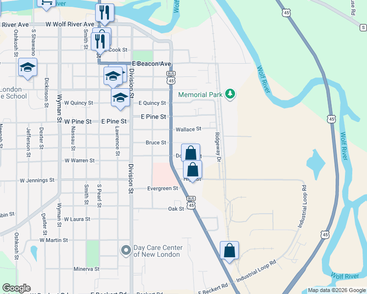 map of restaurants, bars, coffee shops, grocery stores, and more near 517 Bruce Street in New London